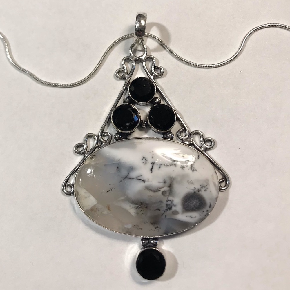 Dendritic Opal Black Onyx 925 Sterling Silver Necklace
